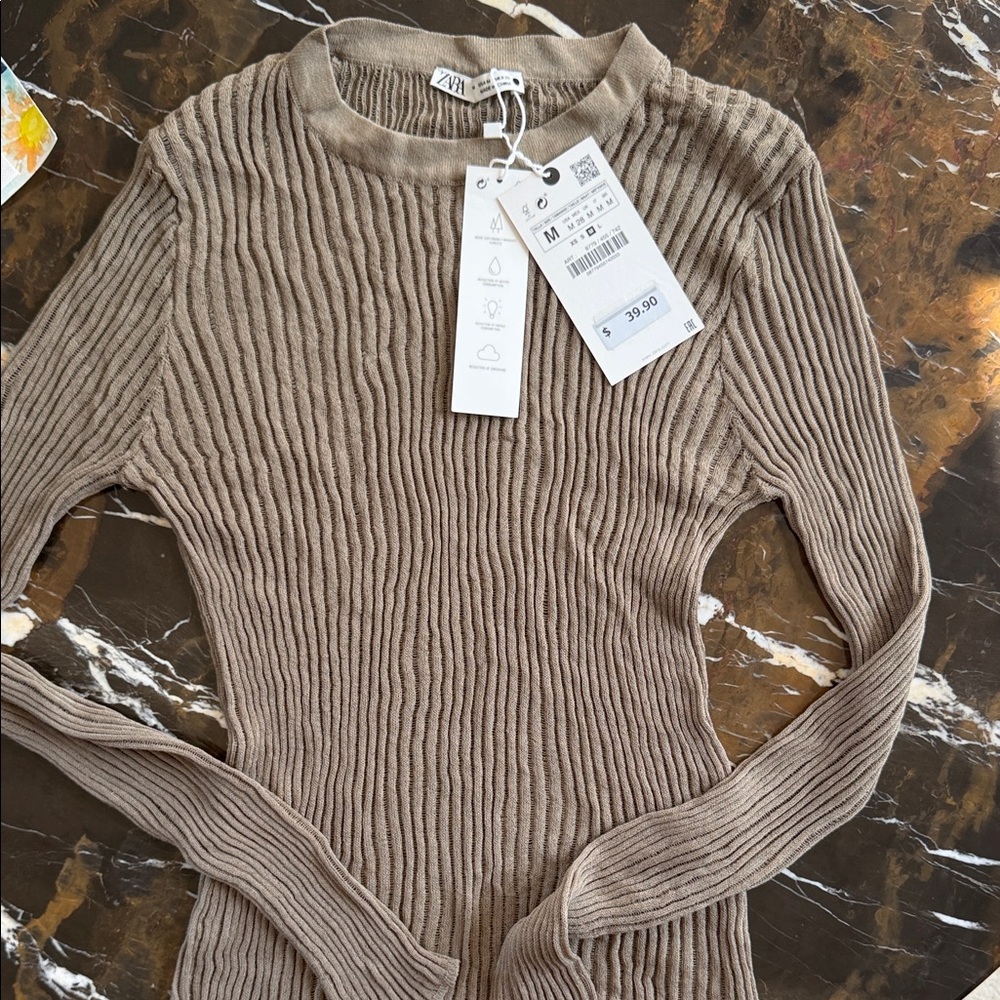 Zara Taupe Ribbed Knit Sweater